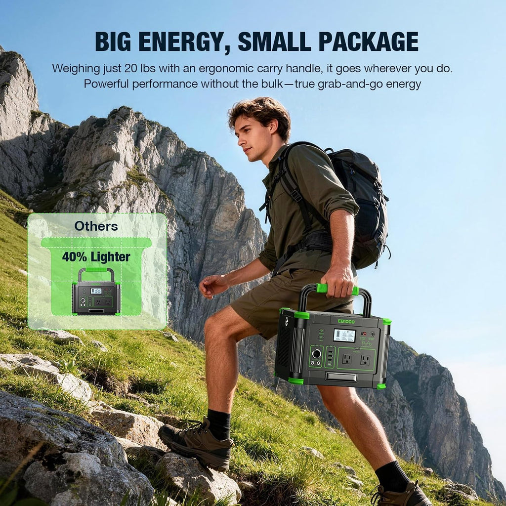 Solar Generator 1000W（2000W Peak）Portable Power Station, 110V Pure Sine Wave AC Outlets, 60W USB-C PD Fast Charging, 10 Ports for RV Trip,Camping,Home Emergency
