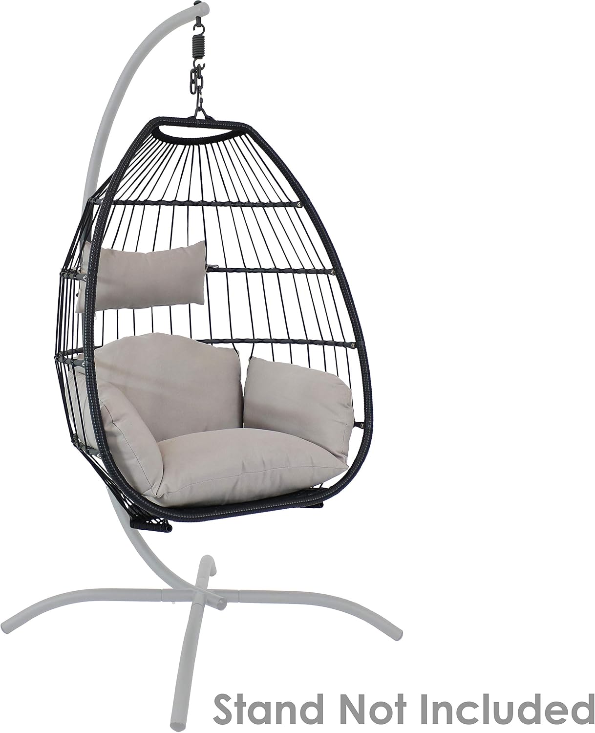Sunnydaze Oliver Hanging Egg Chair with Seat Cushions - Black Resin Wicker Frame with Gray Polyester Cushions - 48-Inch