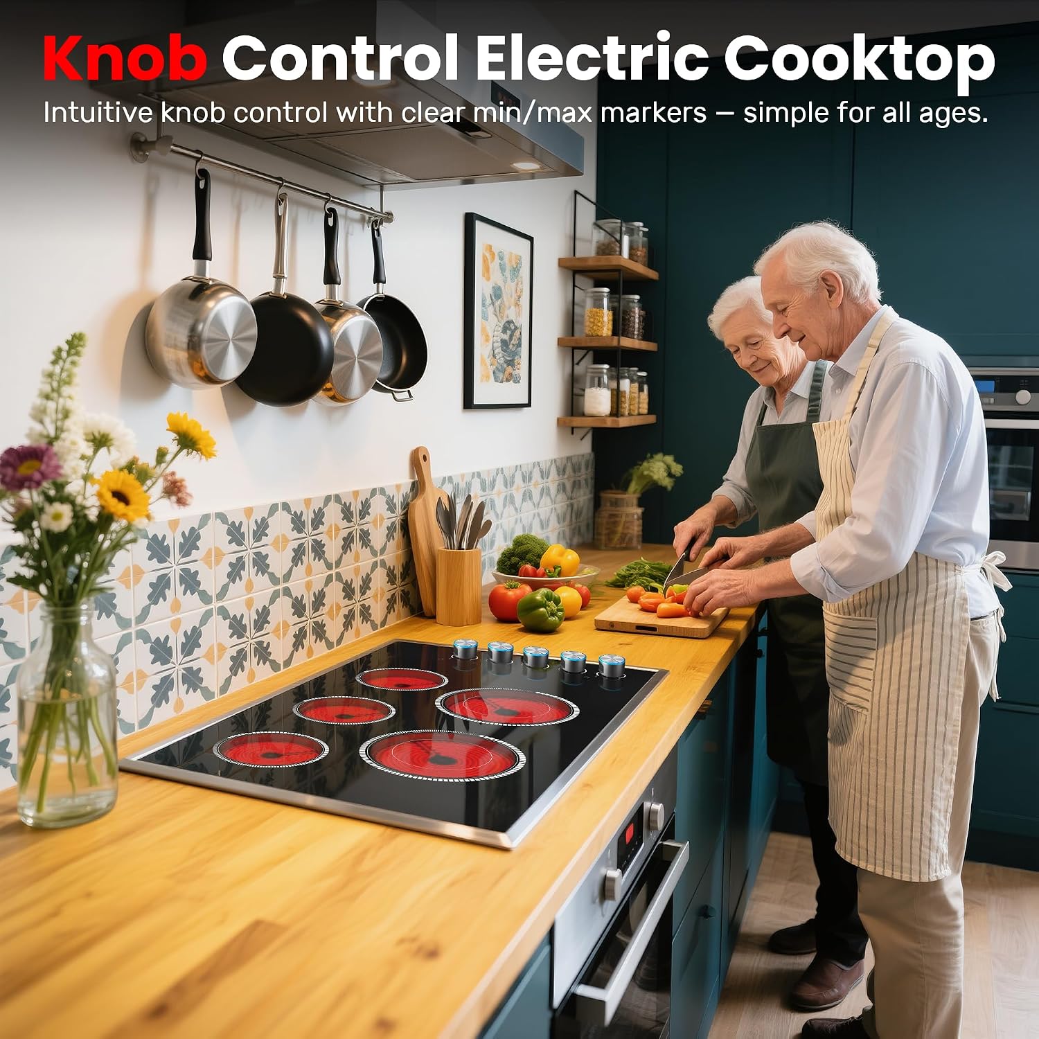 36 Inch Electric Cooktop, 5 Burner Electric Stove Top 8400W, 36' Ceramic Stove with Knob Control, Over-Temperature Protection, Dual Ring Zone, 220-240V Hard Wired (No Plug)