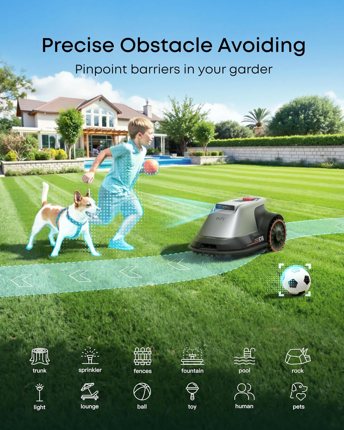 eufy E18 Robot Lawn Mower, Max 0.3 Acres, Vision Navigation, Hands-Free Auto Mapping, Wire Free RTK Free, Multi-Zone Management, AI Obstacle Avoidance, APP Control, 18° Slope, Cut Height 1'-3'
