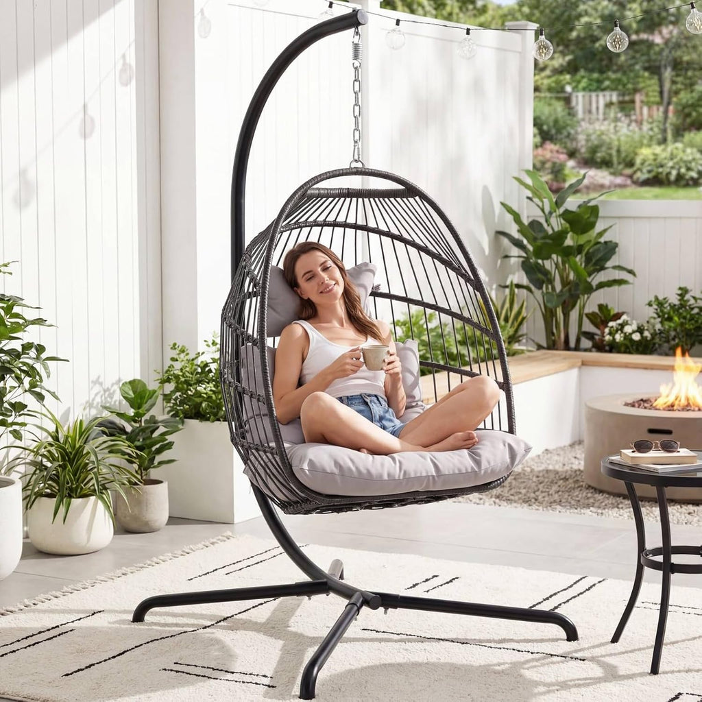 RADIATA Outdoor Self-Standing Egg Chair with Stand, 350Lbs Wicker Rattan Hanging Hammock Chair with Comfy Cushion, Single Eggshell Basket Swing Seat for Garden Balcony Bedroom Patio, Light Grey