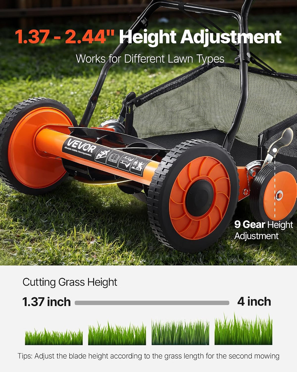 VEVOR Push Reel Lawn Mower 18 inch, 5 Blades Manual Push Mower No Motor, 1.37-2.44 in Adjustable Cutting Height, Walk-Behind Lawn Mowers with Grass Catcher Bag for Green Lawns, Driveways, Courtyards