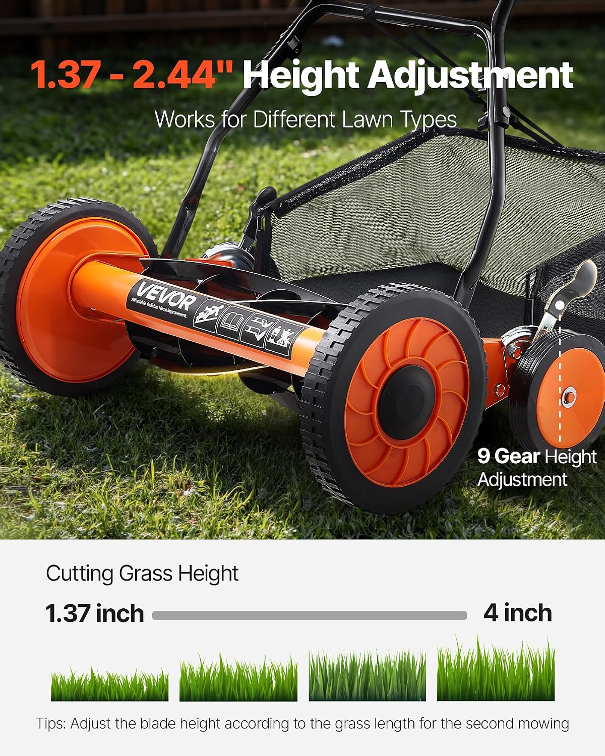 VEVOR Push Reel Lawn Mower 18 inch, 5 Blades Manual Push Mower No Motor, 1.37-2.44 in Adjustable Cutting Height, Walk-Behind Lawn Mowers with Grass Catcher Bag for Green Lawns, Driveways, Courtyards