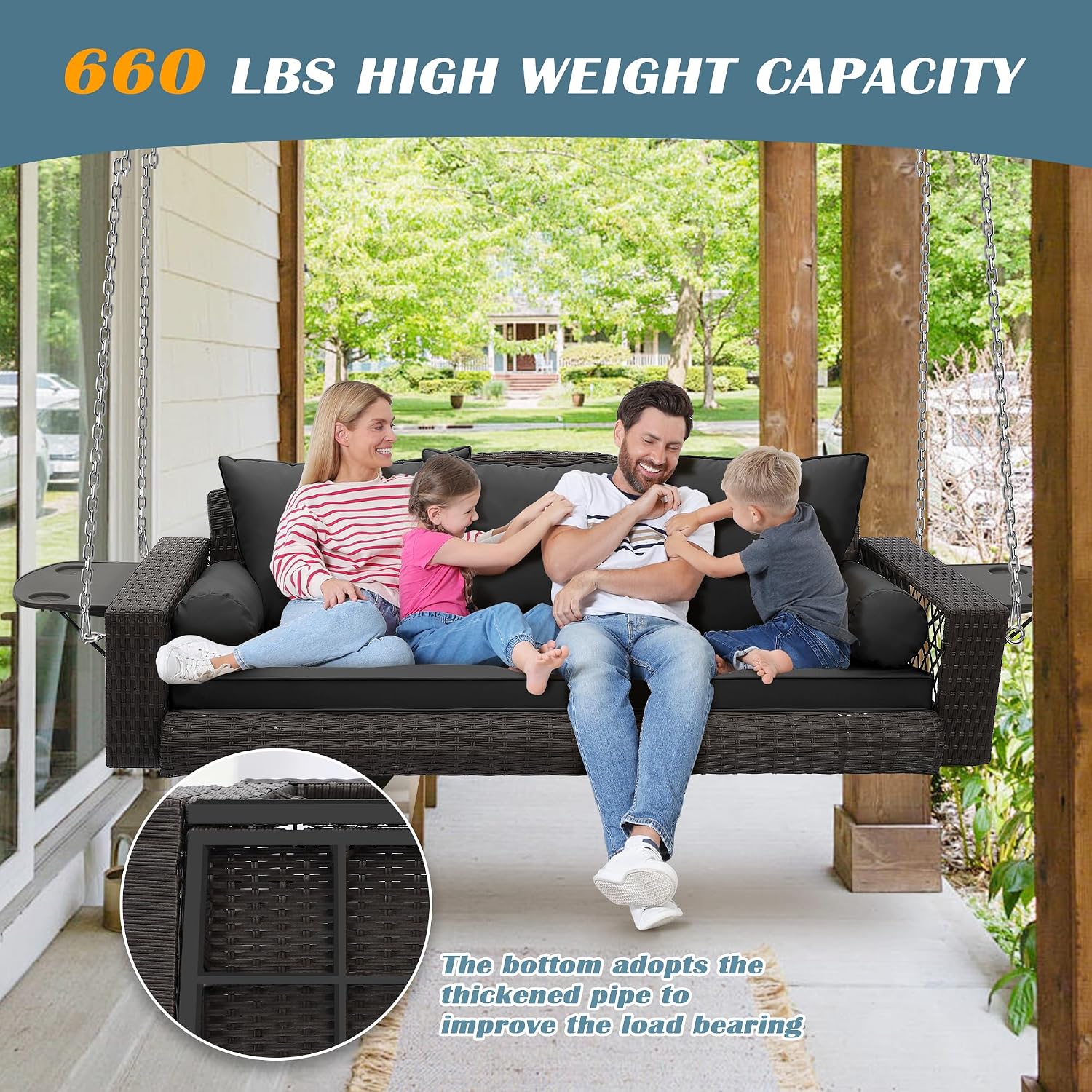 Wicker Porch Swing, 3-Seats Rattan Hanging Swing Chair, Patio Grey Rattan Swings, Outdoor Swing Bench with Cushion for Patio Backyard Poolside Garden, Black
