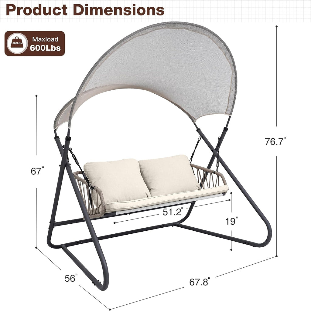 2-Seat Outdoor Porch Swing, Patio Swing with Canopy, Hanging Glider Bench with Thicken Cushions and Pillow, Patio Hammock Lounge Chair for Backyard Porch Garden Deck, Beige