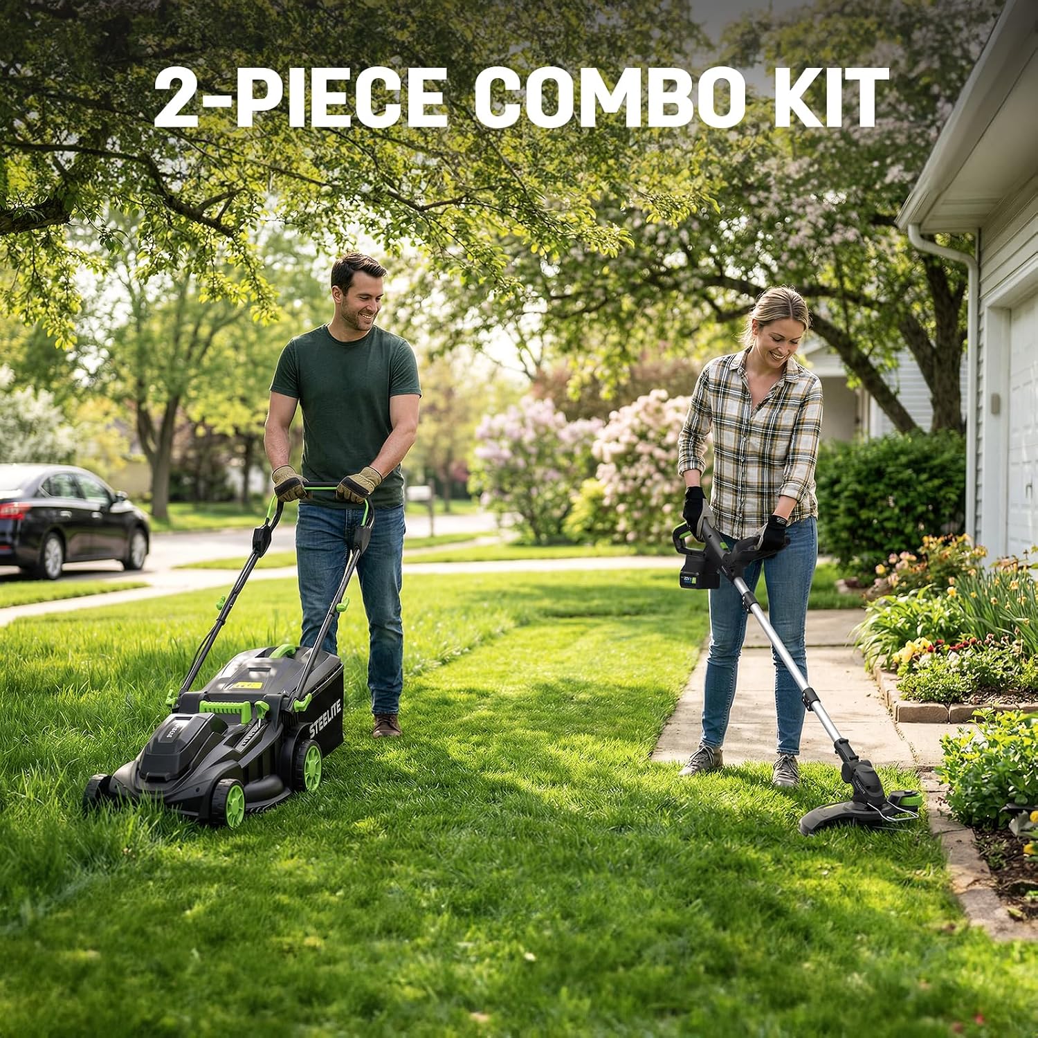 STEELITE 40V (2 x 20V) 17-Inch Electric Lawn Mower & 12-Inch Cordless String Trimmer Combo Kit, Includes 2 x 4.0Ah Batteries and Dual Chargers