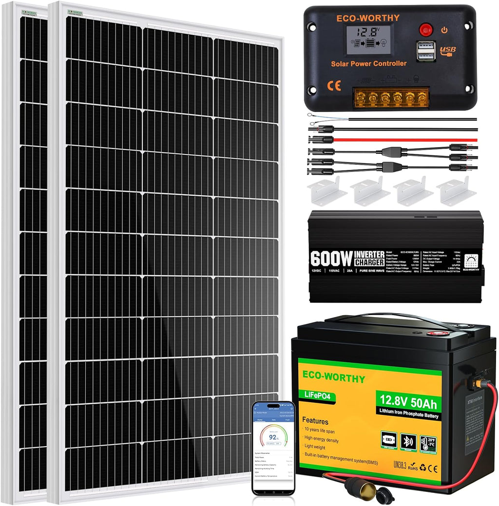 ECO-WORTHY 200 Watt 12V Complete Solar Panel Starter Kit for RV Off Grid with Battery and Inverter: 200W Solar Panels+30A Charge Controller+50Ah Lithium Battery+600W Solar Power Inverter