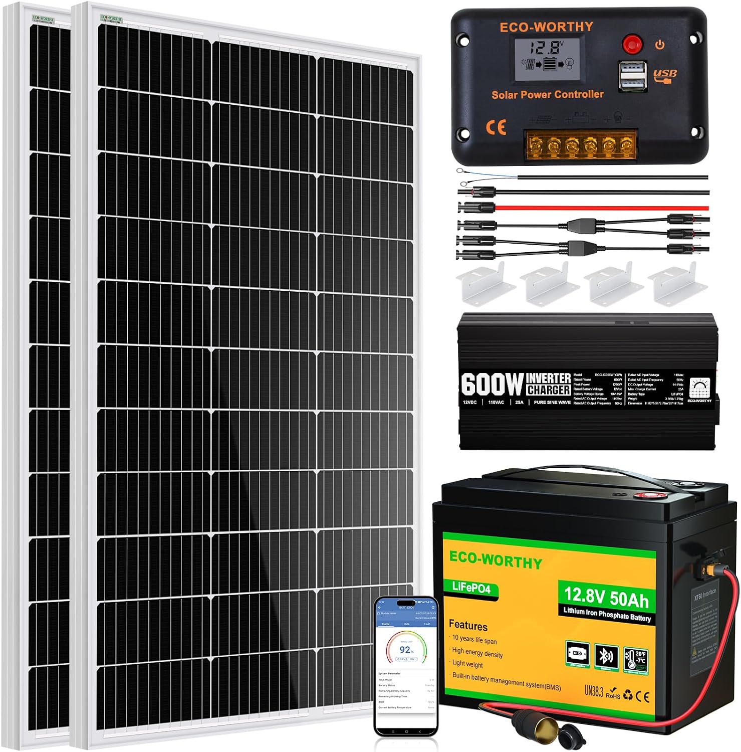 ECO-WORTHY 200 Watt 12V Complete Solar Panel Starter Kit for RV Off Grid with Battery and Inverter: 200W Solar Panels+30A Charge Controller+50Ah Lithium Battery+600W Solar Power Inverter