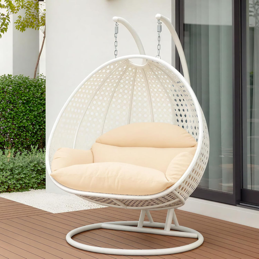 LeisureMod 2 Person Wicker Egg Chair Outdoor Indoor Bedroom Patio Hanging Lounge Swing Hammock Chairs with White Stand and UV Resistant Cushions (Cream)