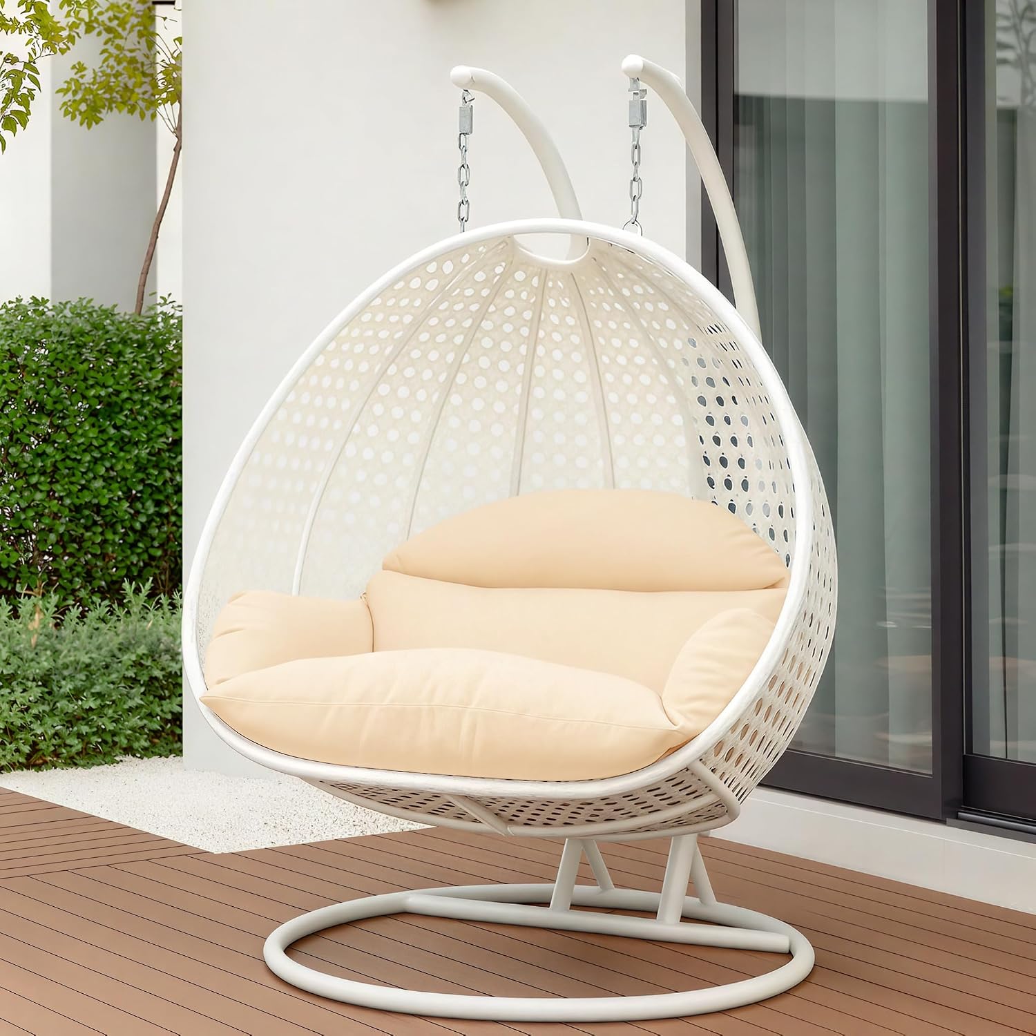 LeisureMod 2 Person Wicker Egg Chair Outdoor Indoor Bedroom Patio Hanging Lounge Swing Hammock Chairs with White Stand and UV Resistant Cushions (Cream)