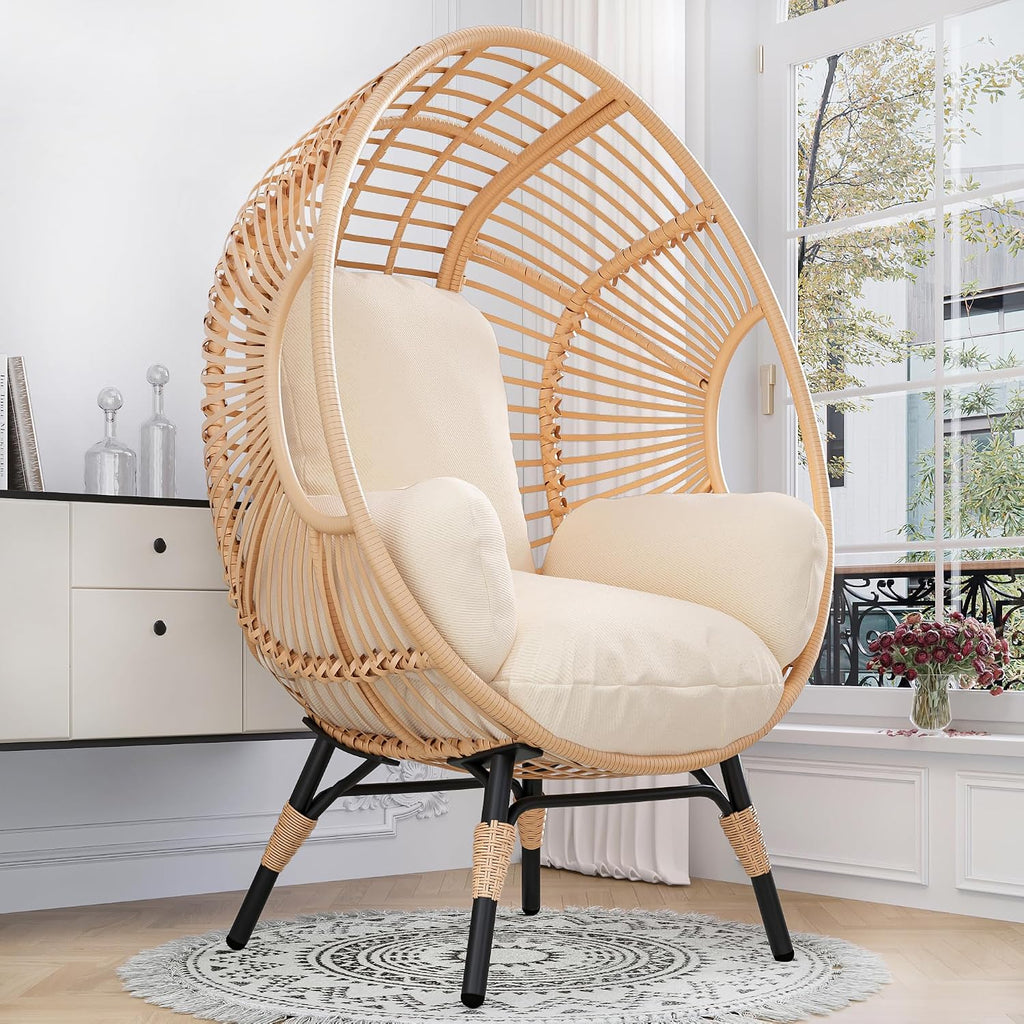 Oversized Wicker Egg-Chair Outdoor Indoor Rattan Patio Egg Lounge Chairs with Cushion 500lbs Capacity for Living Room, Balcony, Backyard(Beige)