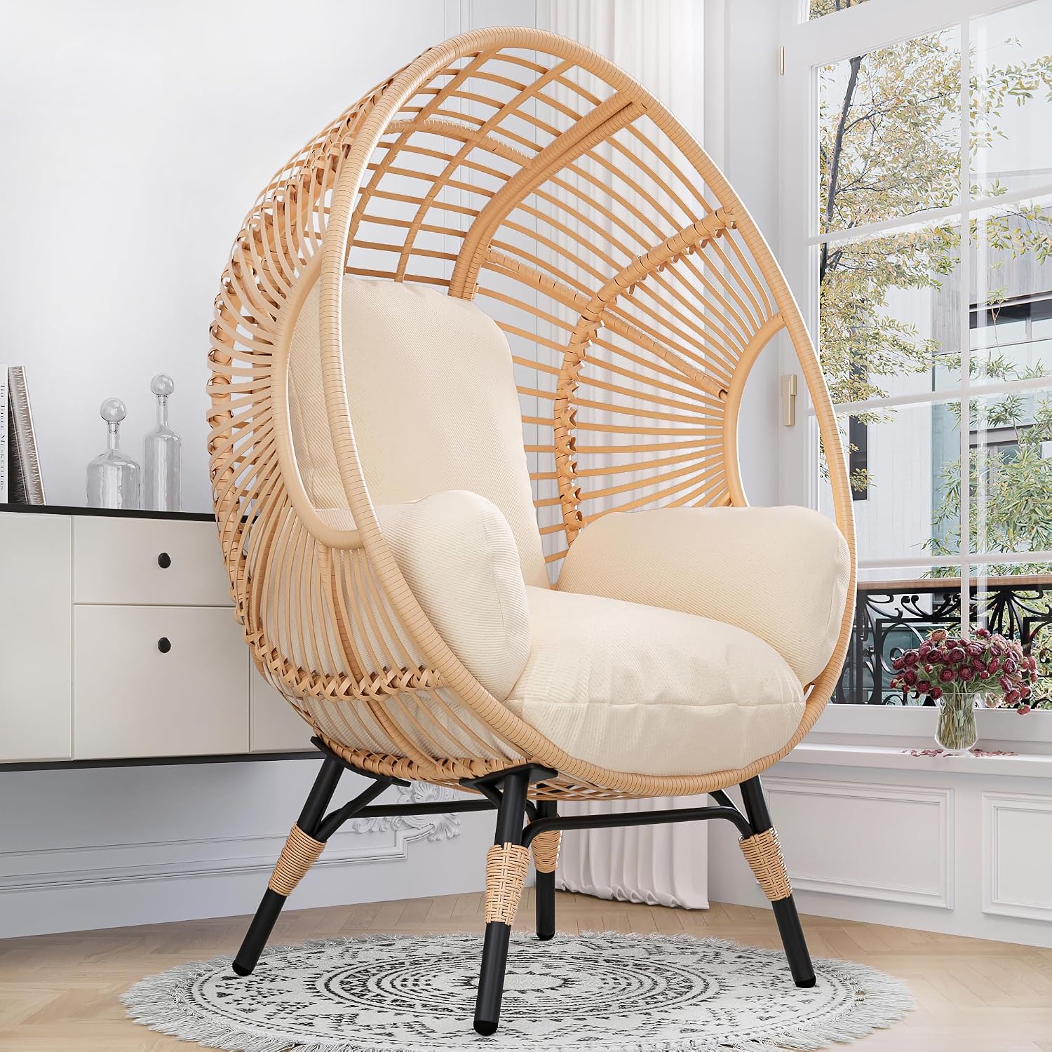 Oversized Wicker Egg-Chair Outdoor Indoor Rattan Patio Egg Lounge Chairs with Cushion 500lbs Capacity for Living Room, Balcony, Backyard(Beige)