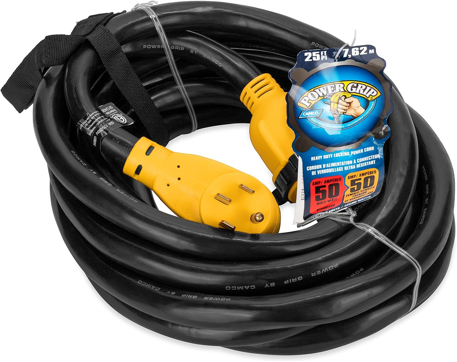 Camco Power Grip 25-Ft 50 Amp RV Extension Cord - NEMA 14-50P Male & FSS2-50R Locking Female Connectors - Rated for 125/250 V/12,500 W - Features Copper 6/3 + 8/1-Gauge Wires for Conductivity (55542)