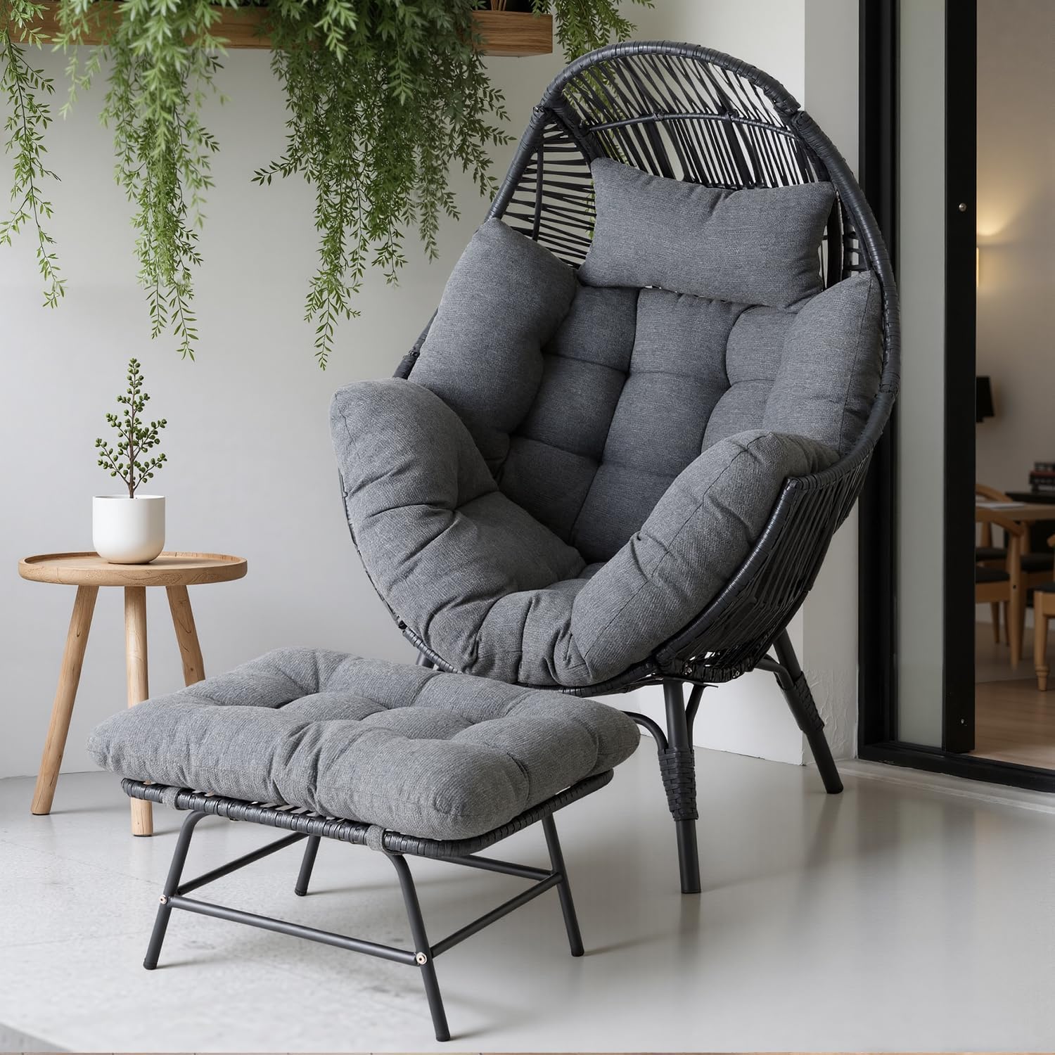 IRONCK Wicker Outdoor Egg Chair with Ottoman, Patio Lounge Chair with Footrest, Thickened Padded Cushion and Headrest, Egg Seat for Patio, Living Room, Garden, Balcony, Dark Gray