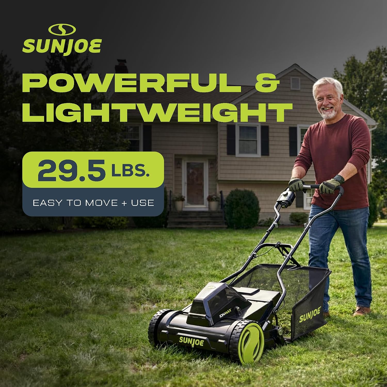Sun Joe Cordless Electric Push Lawn Mower with 11.9-Gal Bag, 15-Inch Cutting Width, 360W Motor - Heavy-Duty Yard Trimmer for Gardening Care and Maintenance, IONMAX 24V-CRLM15