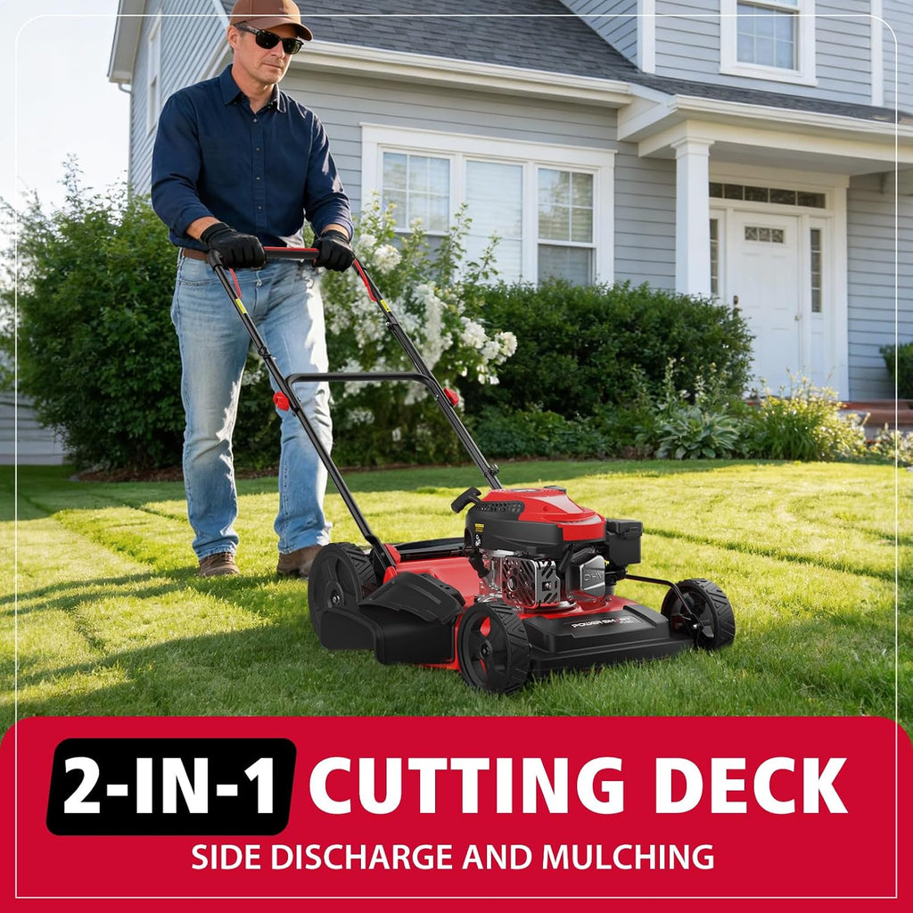PowerSmart EasyCut 21-Inch Gas Lawn Mower, 144cc 4-Stroke OHV Engine, 2-in-1 Push Mower with Mulching & Side-Discharge