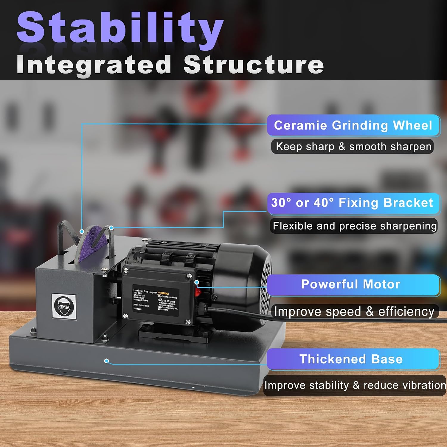Lawn Mower Blade Sharpener, 2/3HP 500W Mower Grinder with 7 Inch Ceramic Grinding Wheel and 1 Pair 60 Grit Sandpaper & 40° Bracket for High/Low Lift, Gator & Flat Blades Sharpen