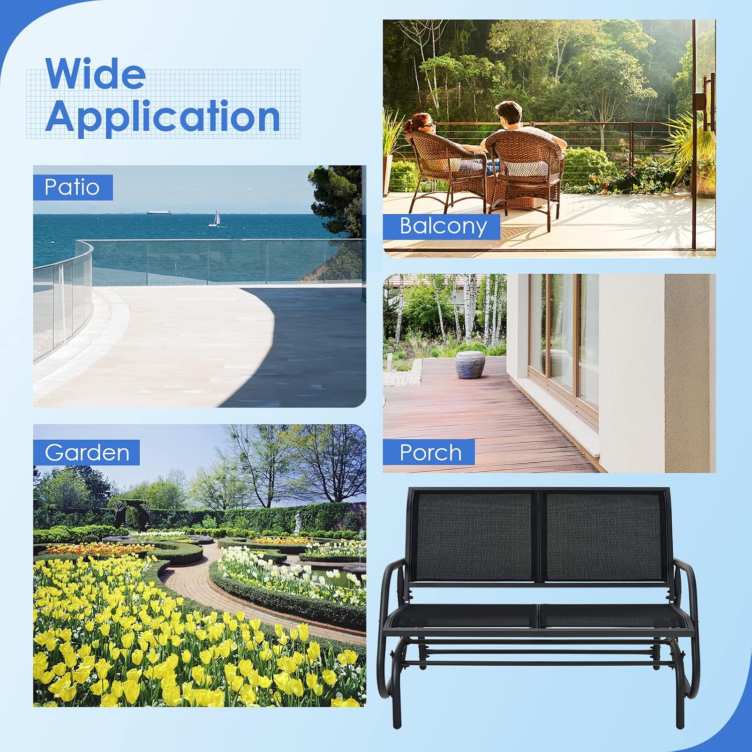Giantex Swing Glider Chair 48 Inch with Spacious Space, 2 People Swing Lounge Glider Chair Cozy Patio Bench Outdoor & Indoor for Patio, Backyard, Poolside, Lawn Steel Rocking Garden Loveseat (Black)