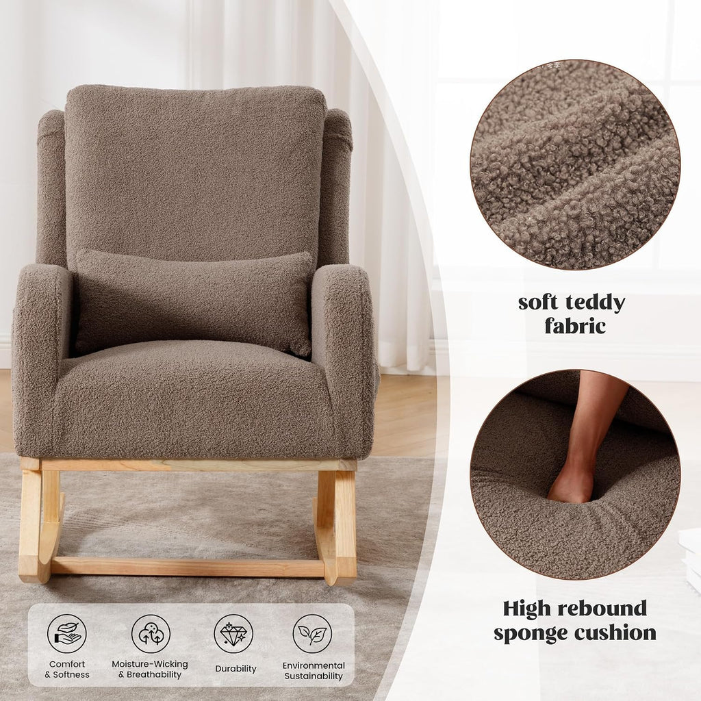 HCHAIRH Rocking Chair Nursery, Teddy Nursing Rocking Chairs, Upholstered Nursery Glider Rocker Wingback Morden Rocking Chair with Lumbar Pillow for Mom Nursery, Living Room, Bedroom, Coffee
