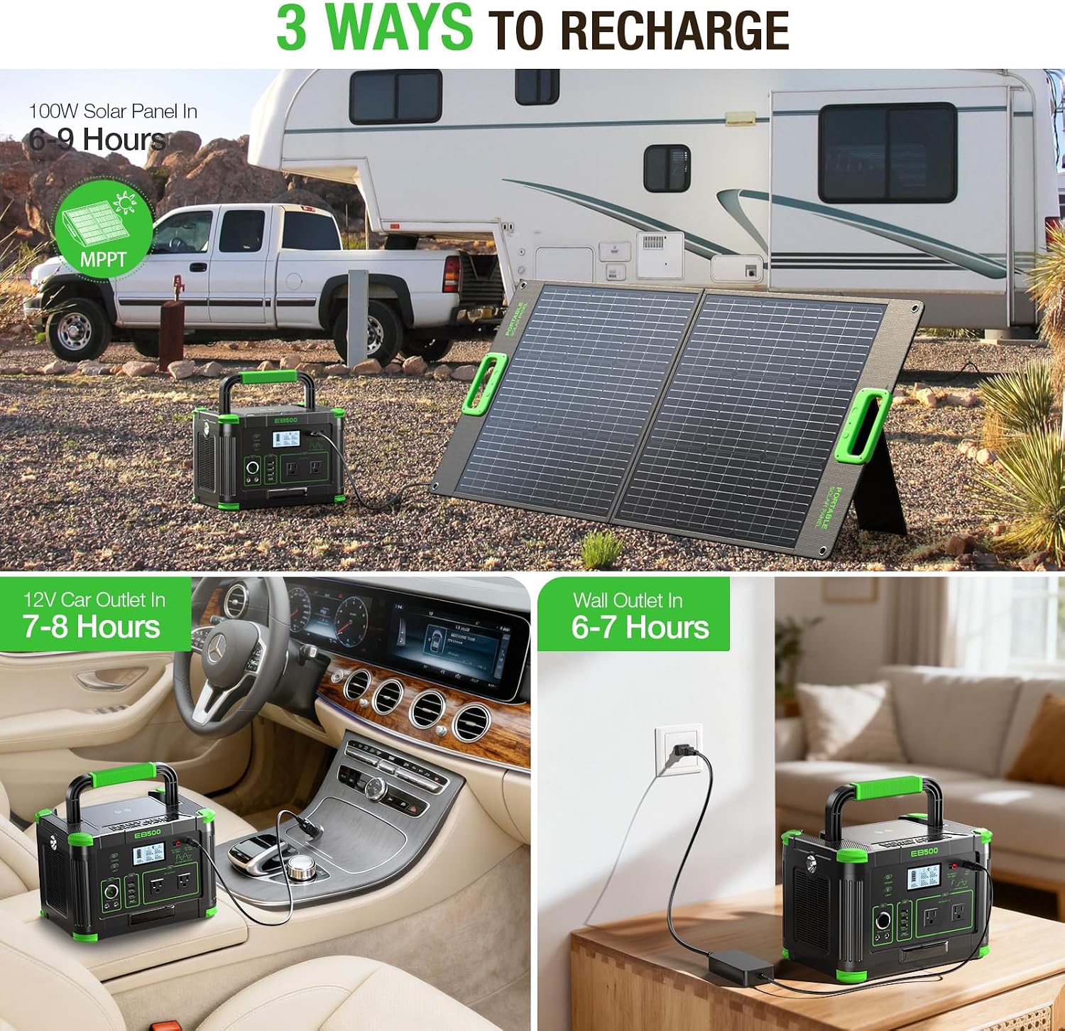 Portable Power Station 500W, 519Wh Solar Generator, 110V Pure Sine Wave AC Outlets, 60W USB-C PD, 10 Ports for Outdoor Camping RV Van, Home Backup Emergency Off-Grid Living,(1000W Peak) Dark Green