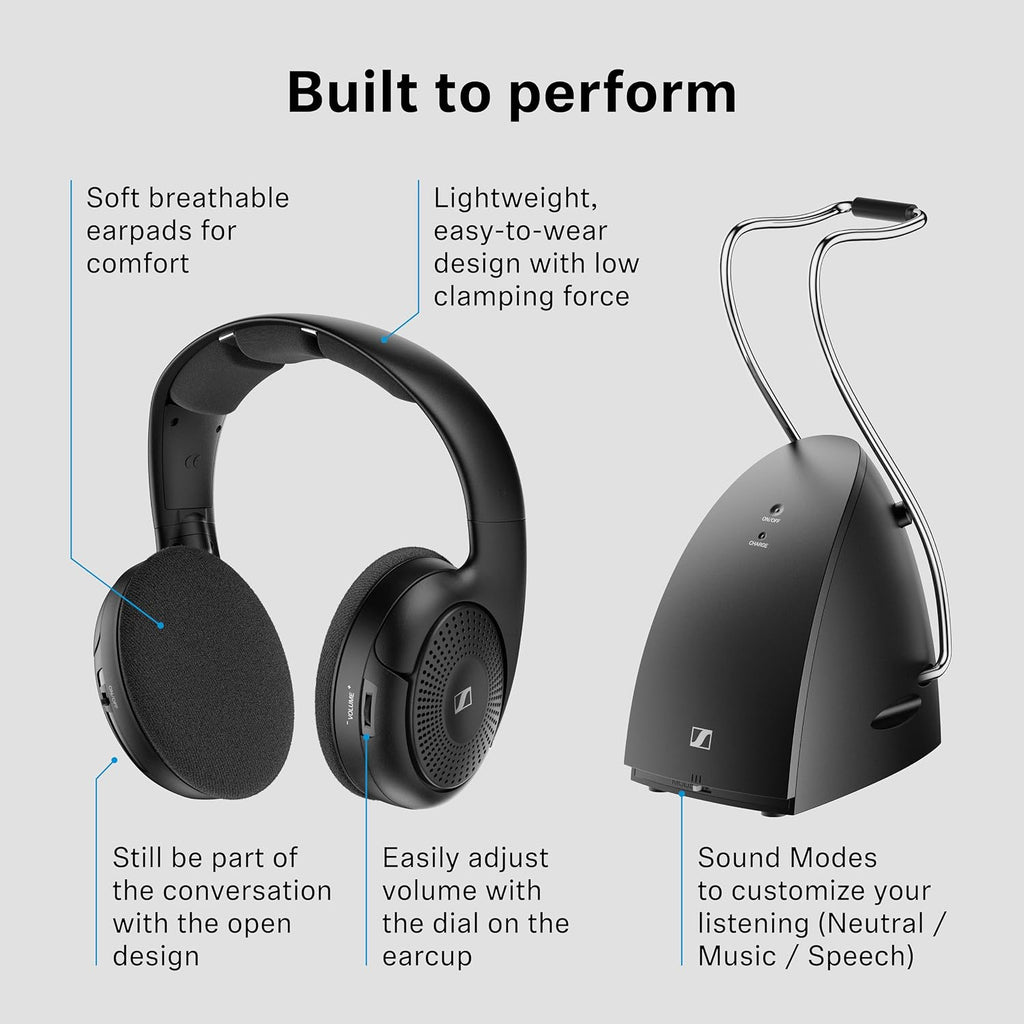 Sennheiser RS 120-W On-Ear Wireless Headphones for Crystal-clear TV Listening with 3 Sound Modes, Lightweight Design, Easy Volume Control, 60 m Range and Convenient Transmitter/Charger Combo - Black