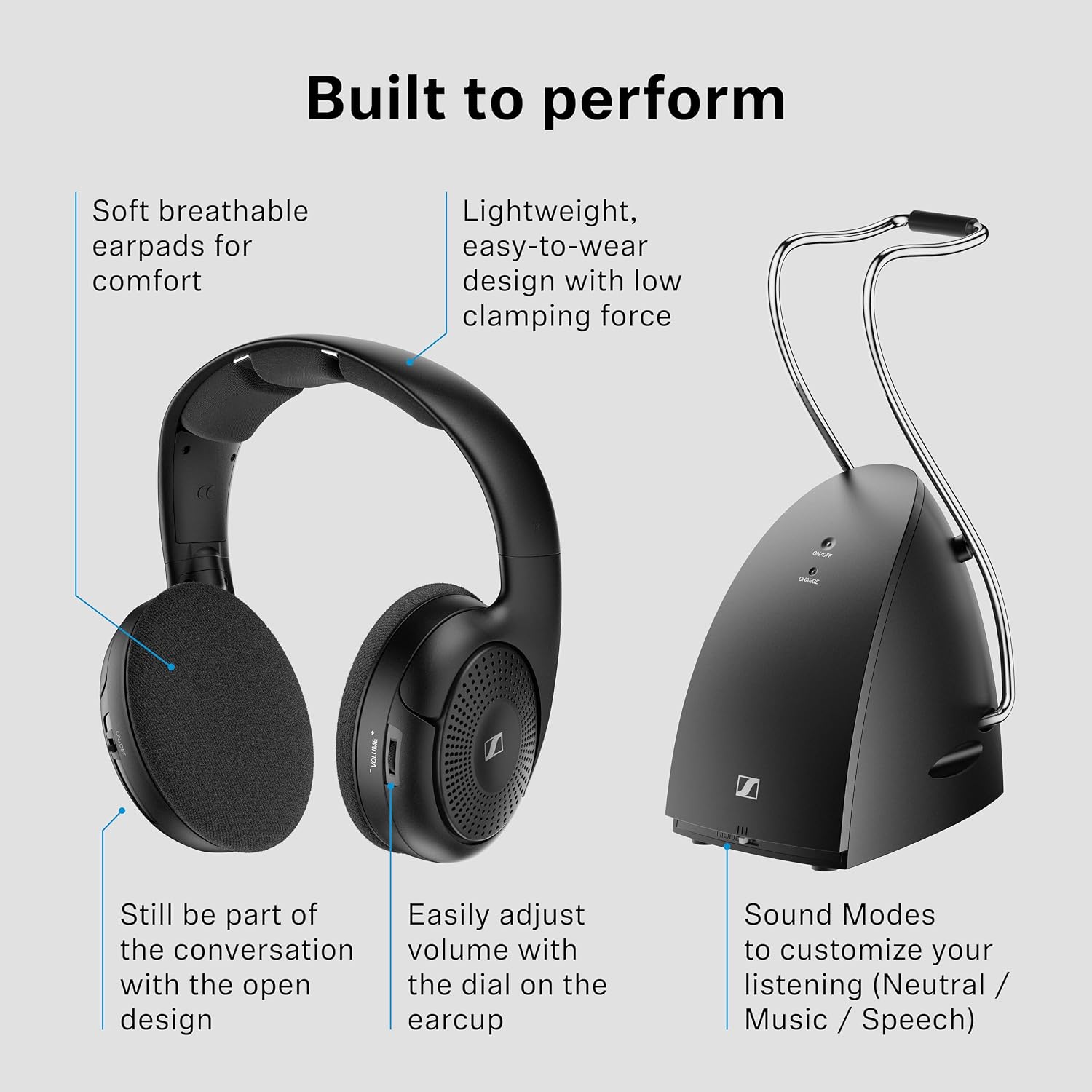 Sennheiser RS 120-W On-Ear Wireless Headphones for Crystal-clear TV Listening with 3 Sound Modes, Lightweight Design, Easy Volume Control, 60 m Range and Convenient Transmitter/Charger Combo - Black