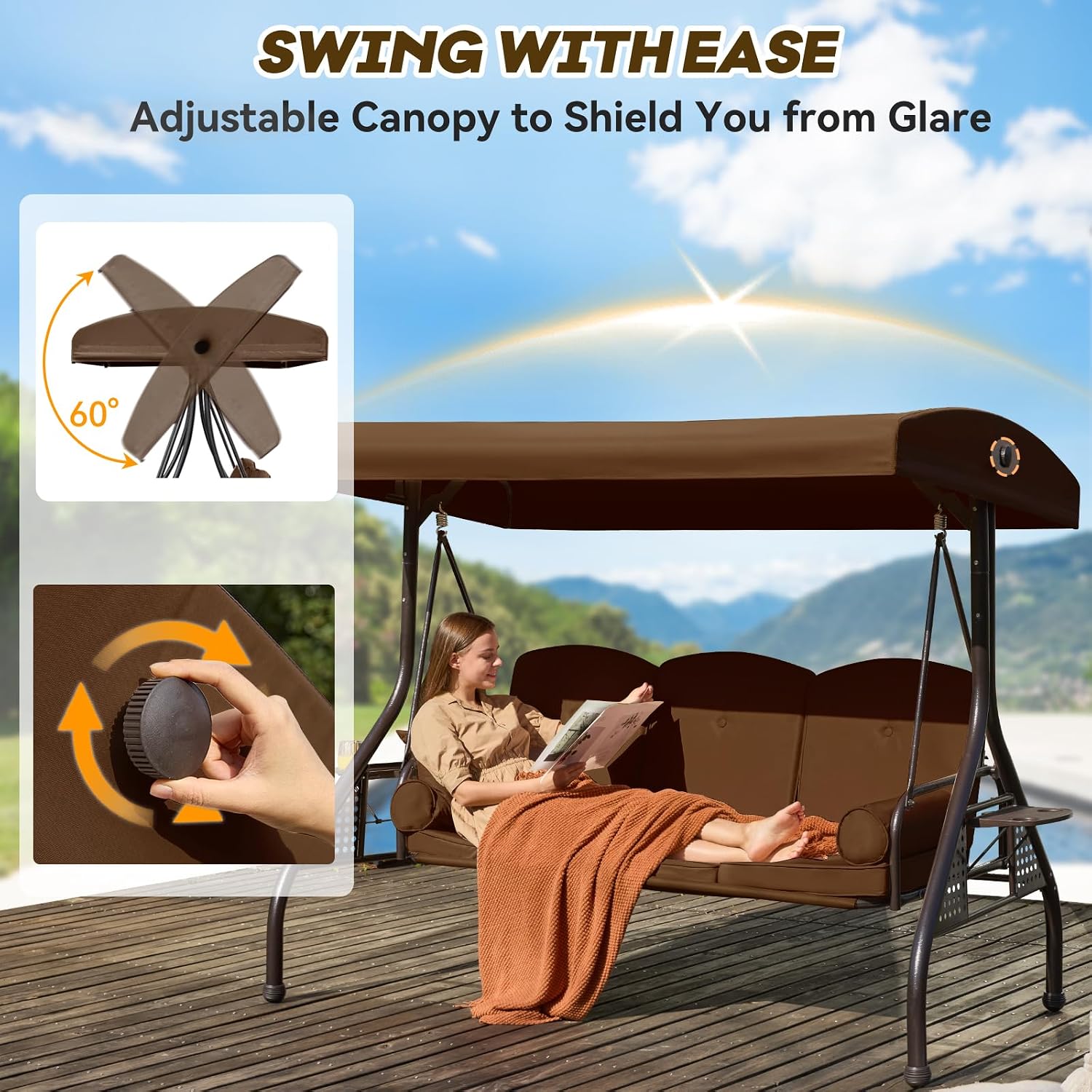 3 in 1 Outdoor Porch Swing with Adjustable Canopy, 3 Seat Outdoor Swing for Adults, Patio Swing Chair with Thickened Cushions,Pillows & Cup Holders for Backyard, Porch, Garden (Brown)