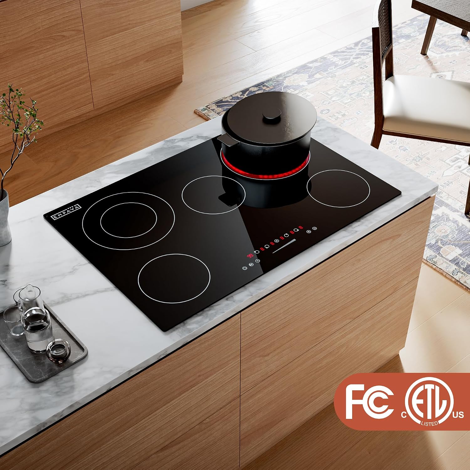 Empava 30 Inch Electric Cooktop, 5 Radiant Burners with 2 Dual-Zone Elements & 100W Warmer, Touch Controls, Timer, Child Lock, Built-in Ceramic Glass, Hardwired, ETL Certified