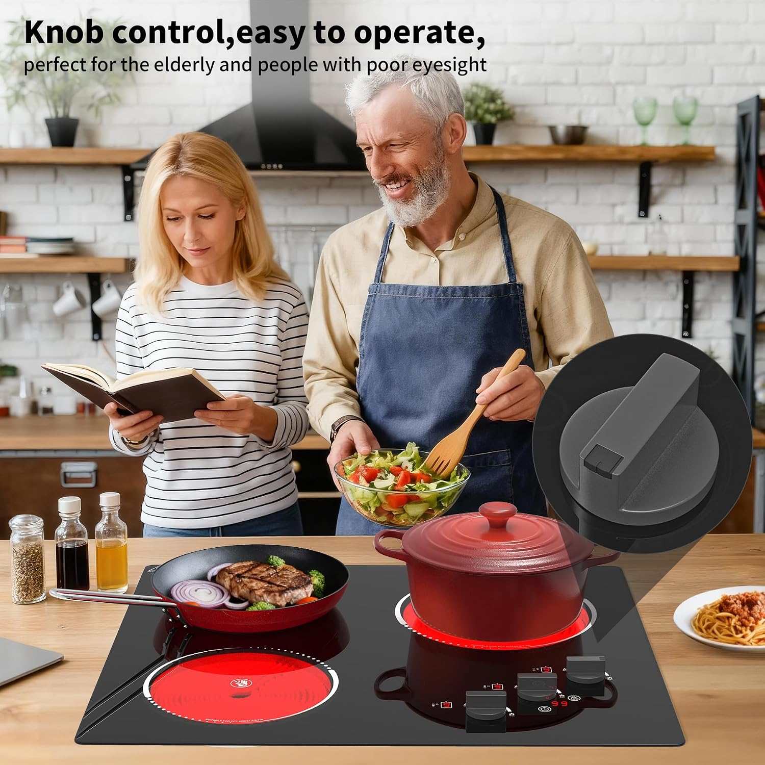 VBGK Electric Cooktop,24 inch 220V Electric Stove Top,Touch and Knob Control,LED,9 Power Levels, Kids Lock &Timer,Overheat Protection,5000W 3 burner cooktop.