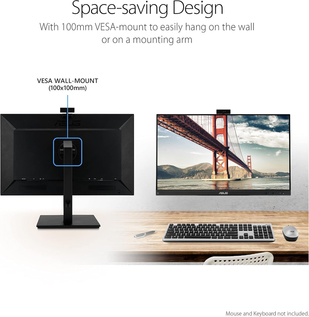 ASUS 27' 1080P Video Conference Monitor (BE279QSK) - Full HD, IPS, Built-in Adjustable 2MP Webcam, Mic Array, Speakers, Eye Care, Wall Mountable, Frameless, HDMI, DisplayPort, VGA, Height Adjustable