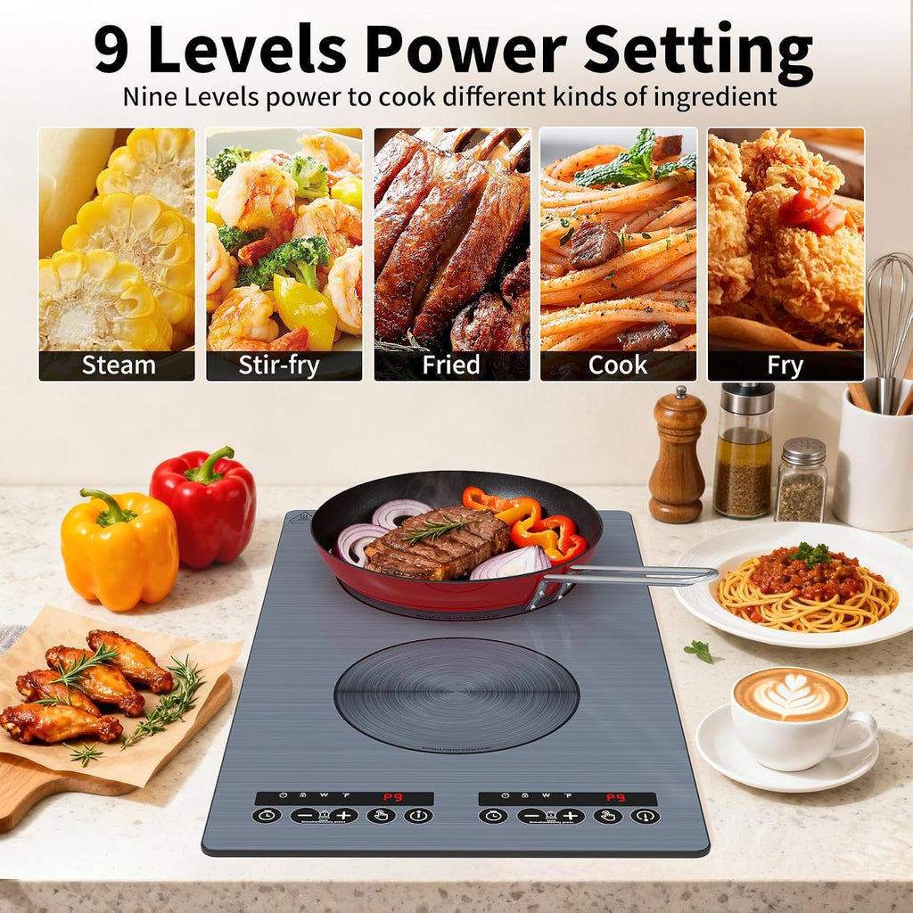 VBGK induction cooktop,110V 2300W double burner hot plate with LED touch control, 9 Power Levels, Kids Lock & Timer, Overheat Protection,2 burner induction cooktop