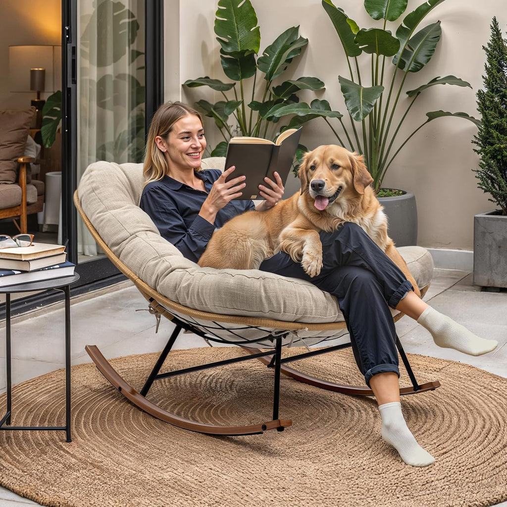 Bme Patio Rocking Chair Outdoor and Indoor, Modern Metal Lounge Rocker with Thick 7'' Cushion, 400lbs Capacity, Ergonomic Design, Easy Assembly, Beige Cushion - Wood Texture Rocker