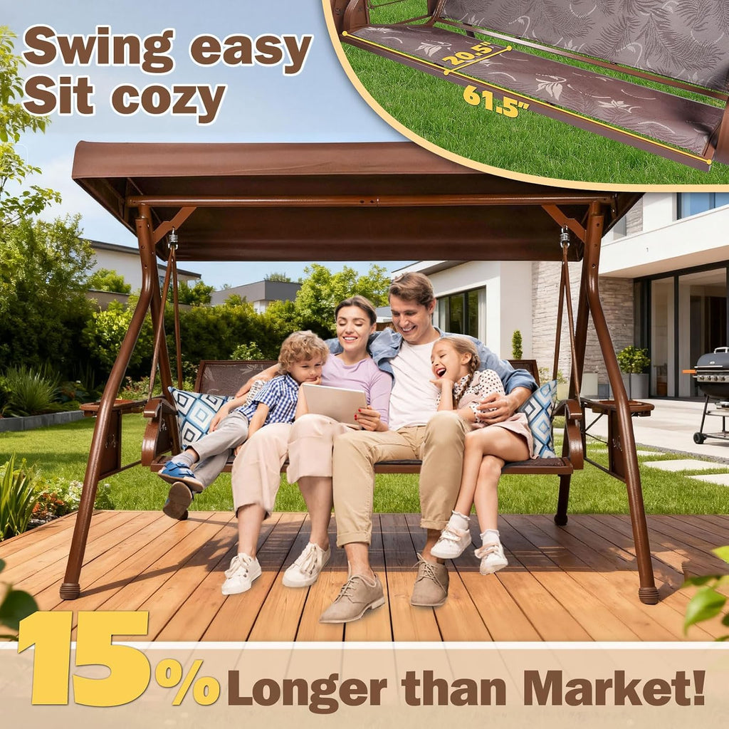 ZZW 3 Person Patio Swing Outdoor Swing for Adults with Adjustable Canopy &Upgraded Cup Holders Textilene Fabric Porch Swing Chair with Stand Heavy Duty 800 LBS