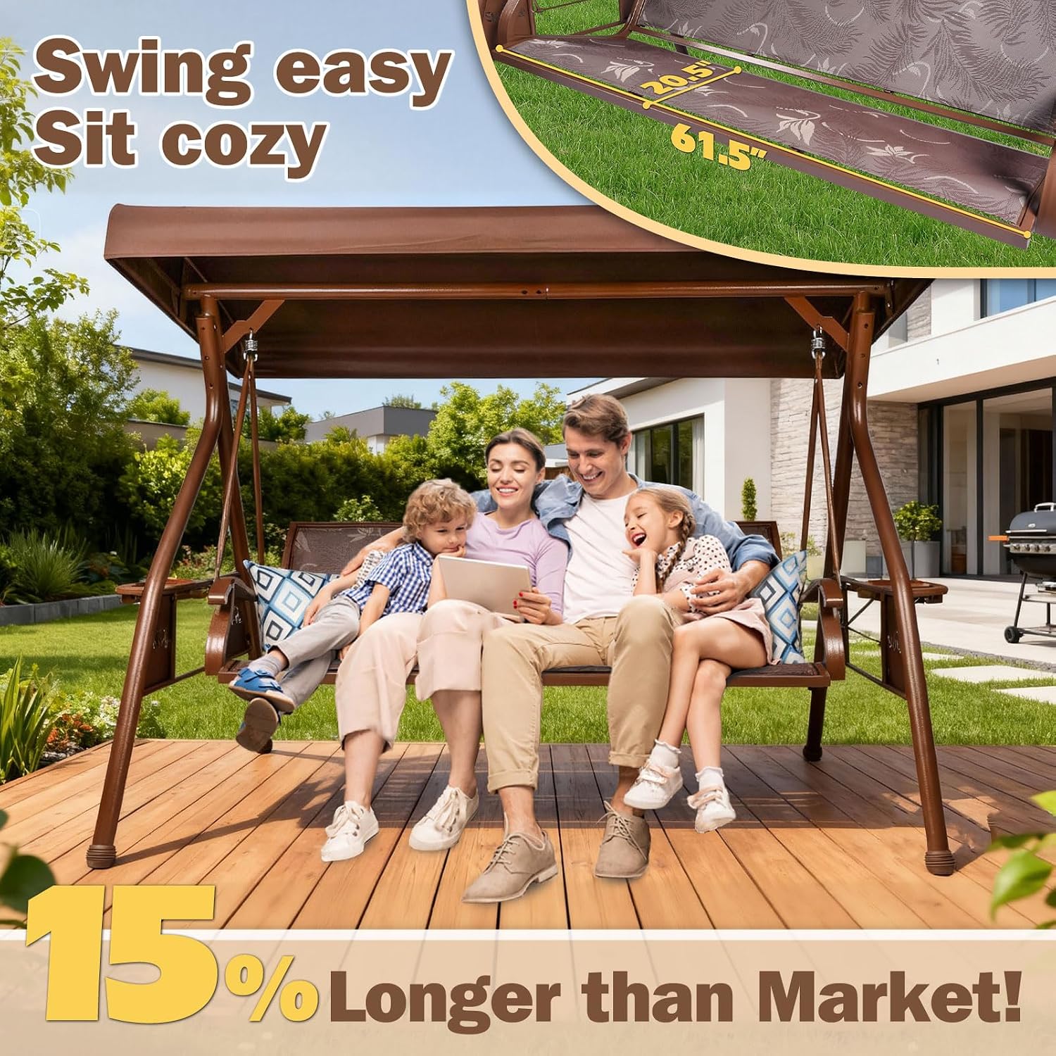 ZZW 3 Person Patio Swing Outdoor Swing for Adults with Adjustable Canopy &Upgraded Cup Holders Textilene Fabric Porch Swing Chair with Stand Heavy Duty 800 LBS