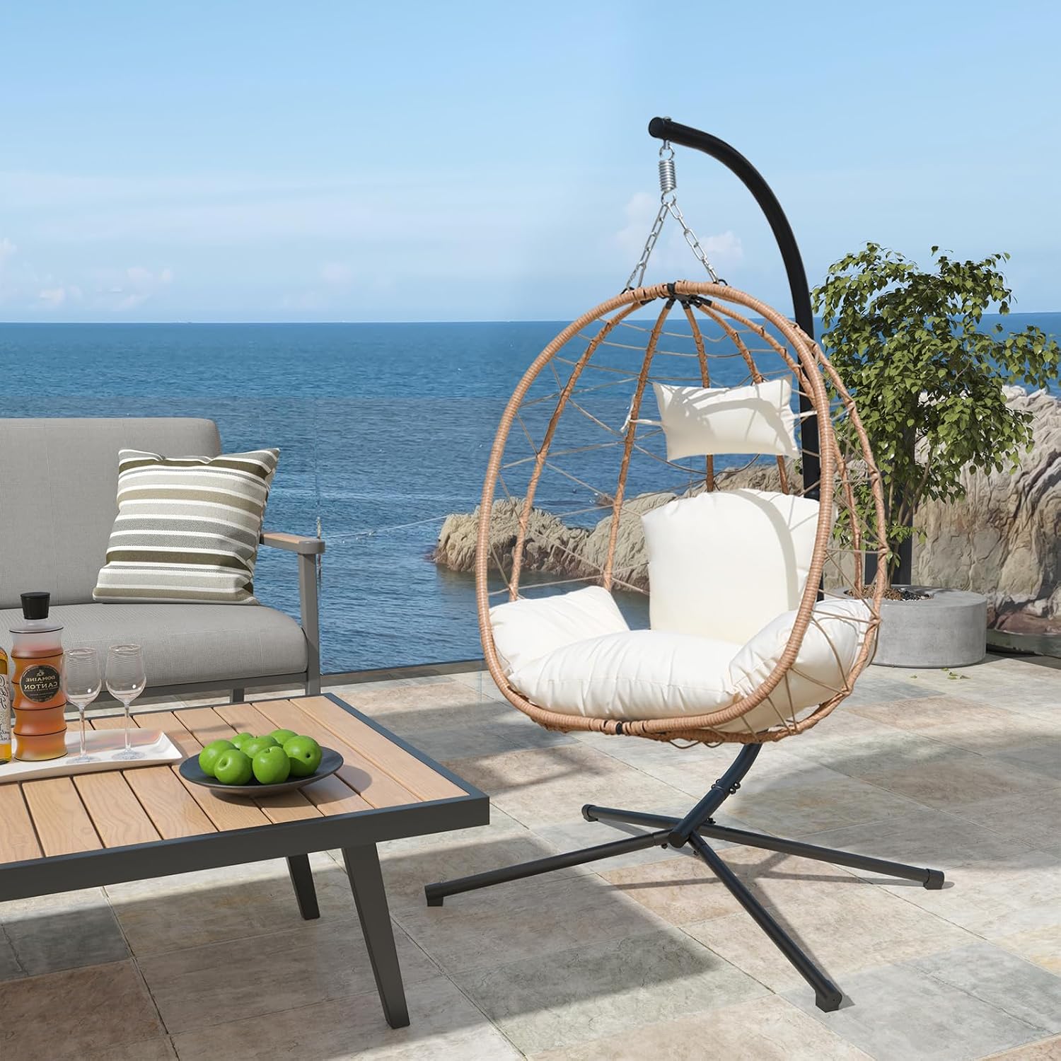 Hanging Egg Chair with Stand Indoor Swinging Chair Outdoor Hammock Egg Chair for Patio, Bedroom, Garden and Balcony (Milky White, Small)
