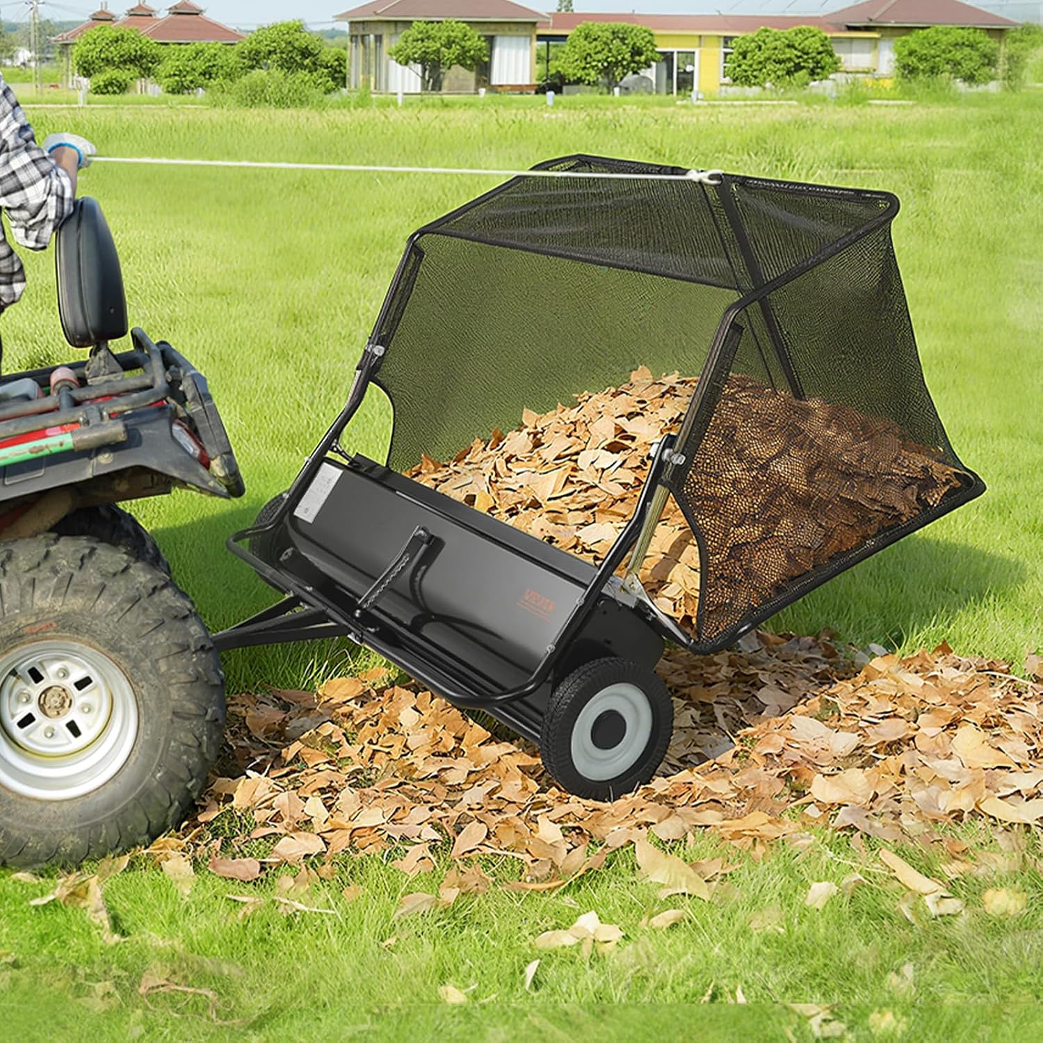 VEVOR Tow Behind Lawn Sweeper, 48 in Pull Behind Yard Sweeper, 26 cu. ft Hopper Bag Capacity, Leaf & Grass Collector with Dumping Rope, Adjustable Sweeping Height, Garden Sweepers for Lawn Farm