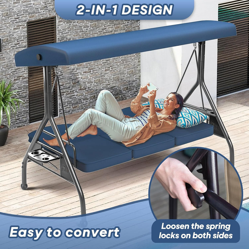 ZZW 3 Seat Outdoor Porch Patio Swing with Stand 800lbs 2-in-1 Convertible Swing Bed with Adjustable Canopy & Removable Cushion for Yard Garden Deck (Blue, Round Tube)
