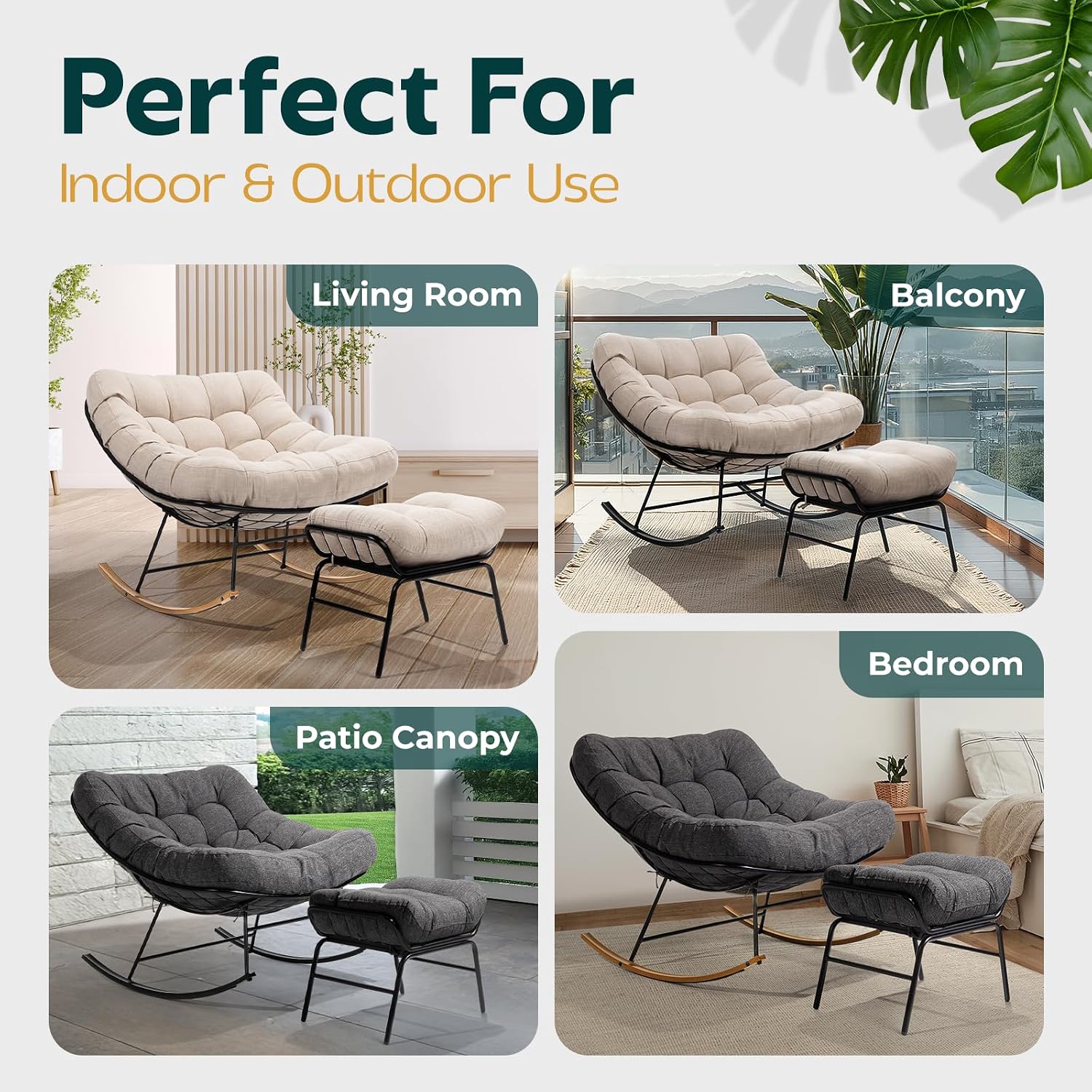Bme Patio Rocking Chair Outdoor & Indoor with Ottoman, Metal Patio Lounge Rocking Chair with Thick Cushion, Comfy Modern Rocker Chair, Beige Cushion - Black Matte Rocker