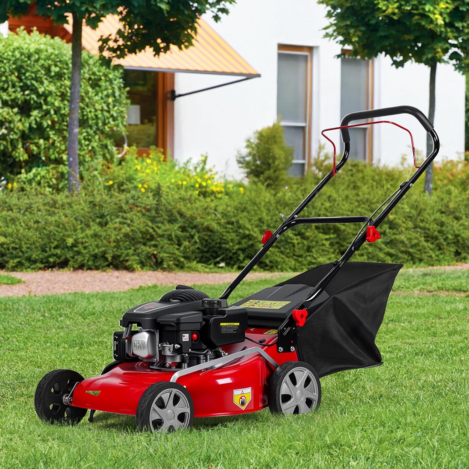 Self Propelled Lawn Mower Gas Powered with 50L Grass Bag Big Wheels 131cc Gas Engine 3 in 1 Mulch Bag Side Discharge Rear Wheel Drive for Hills Uneven 131CC