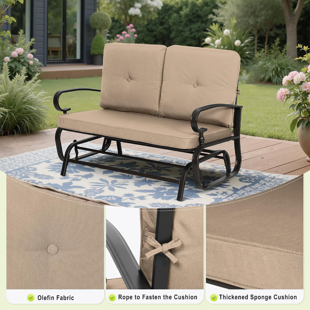 Outdoor Bench Patio Swing Glider Loveseat 2 Seats Rocking Chair, Wrought Iron Gliders for Outside Patio with Cushion (Brown)