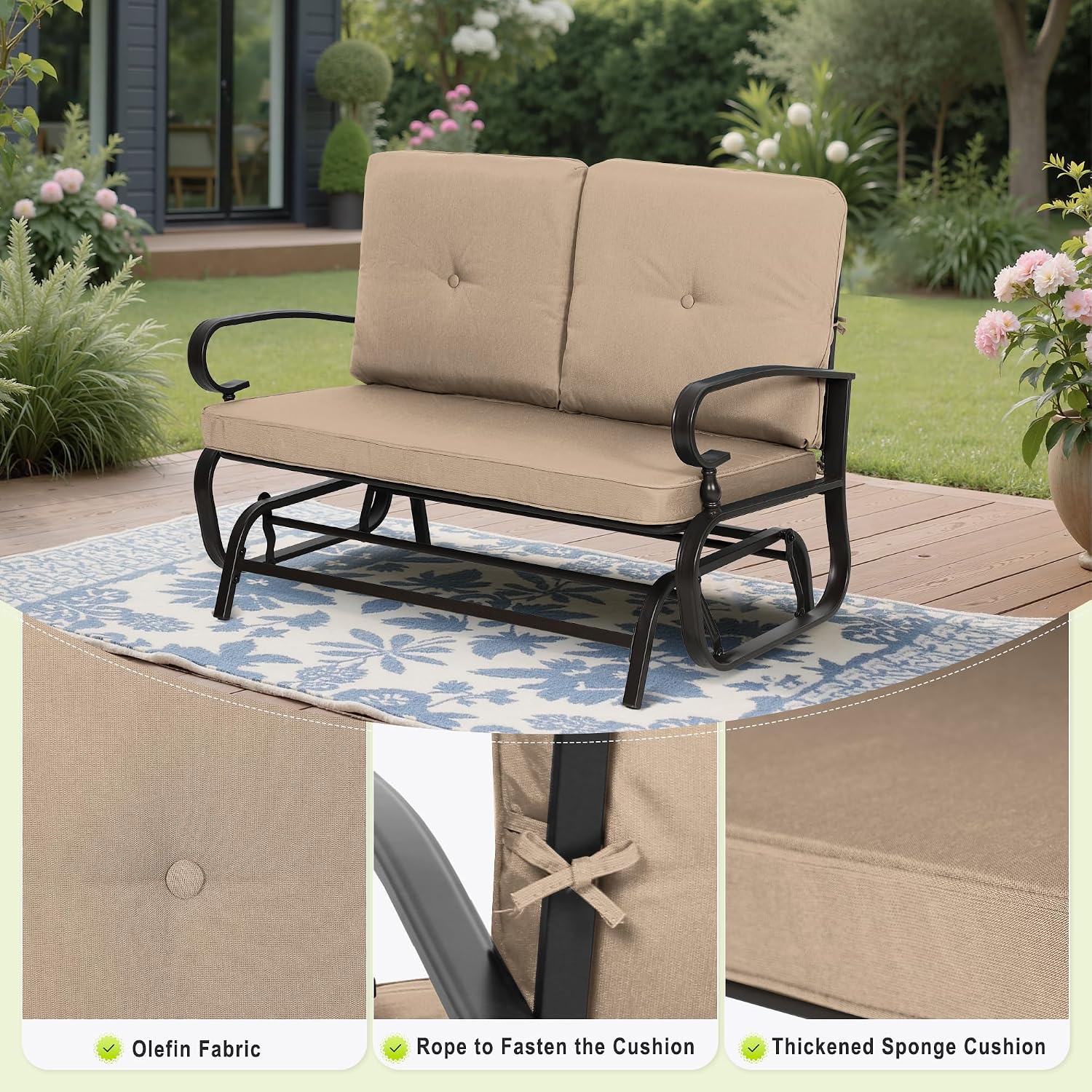 Outdoor Bench Patio Swing Glider Loveseat 2 Seats Rocking Chair, Wrought Iron Gliders for Outside Patio with Cushion (Brown)