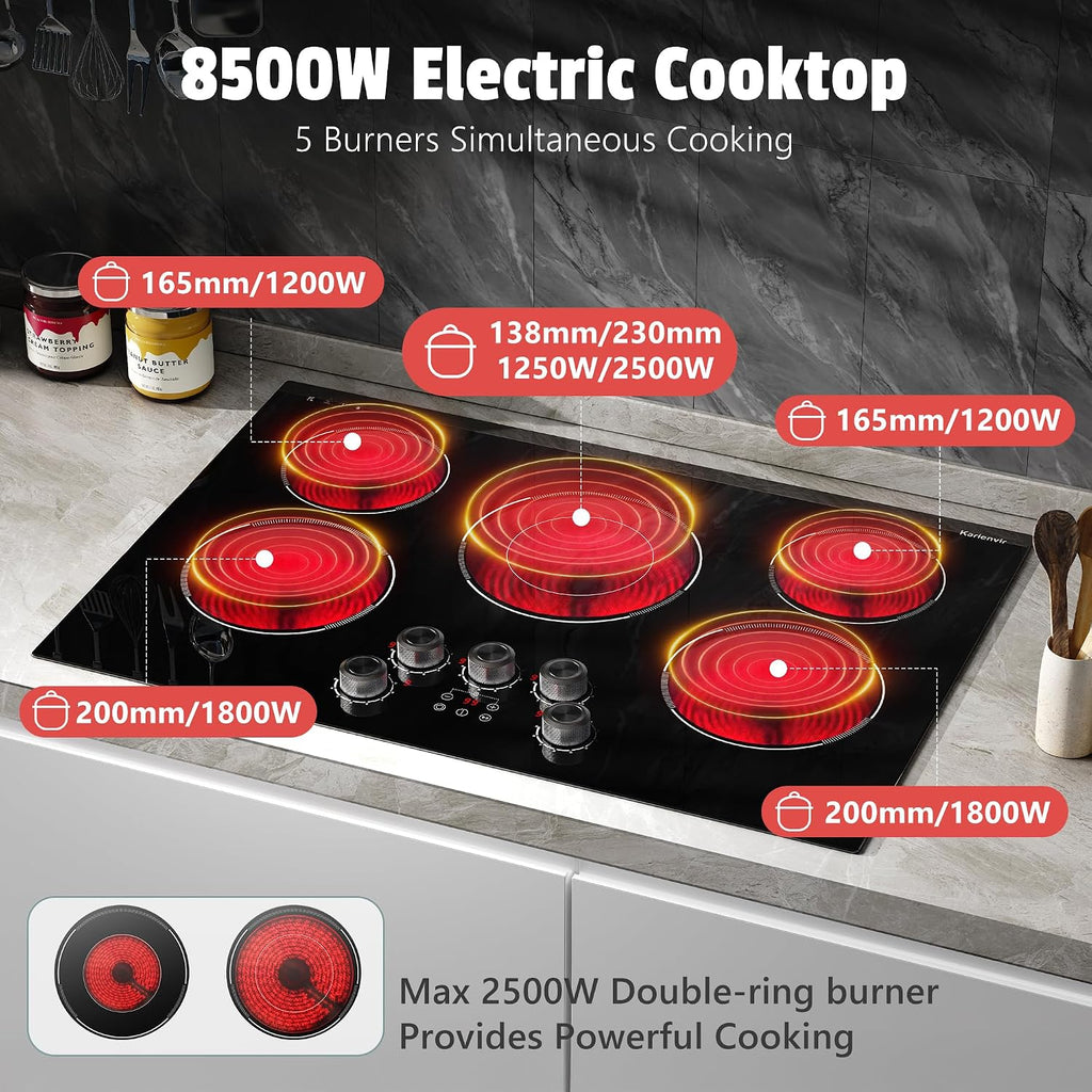 30 Inch Electric Cooktop Karienvir, 5 Burner Cooktop 8500W Built-in Electric Stove Top, Anti-slip Knob & Touch Control, Dual-Ring Burner, 30' Safety Lock, Timer, 220V Hardwired