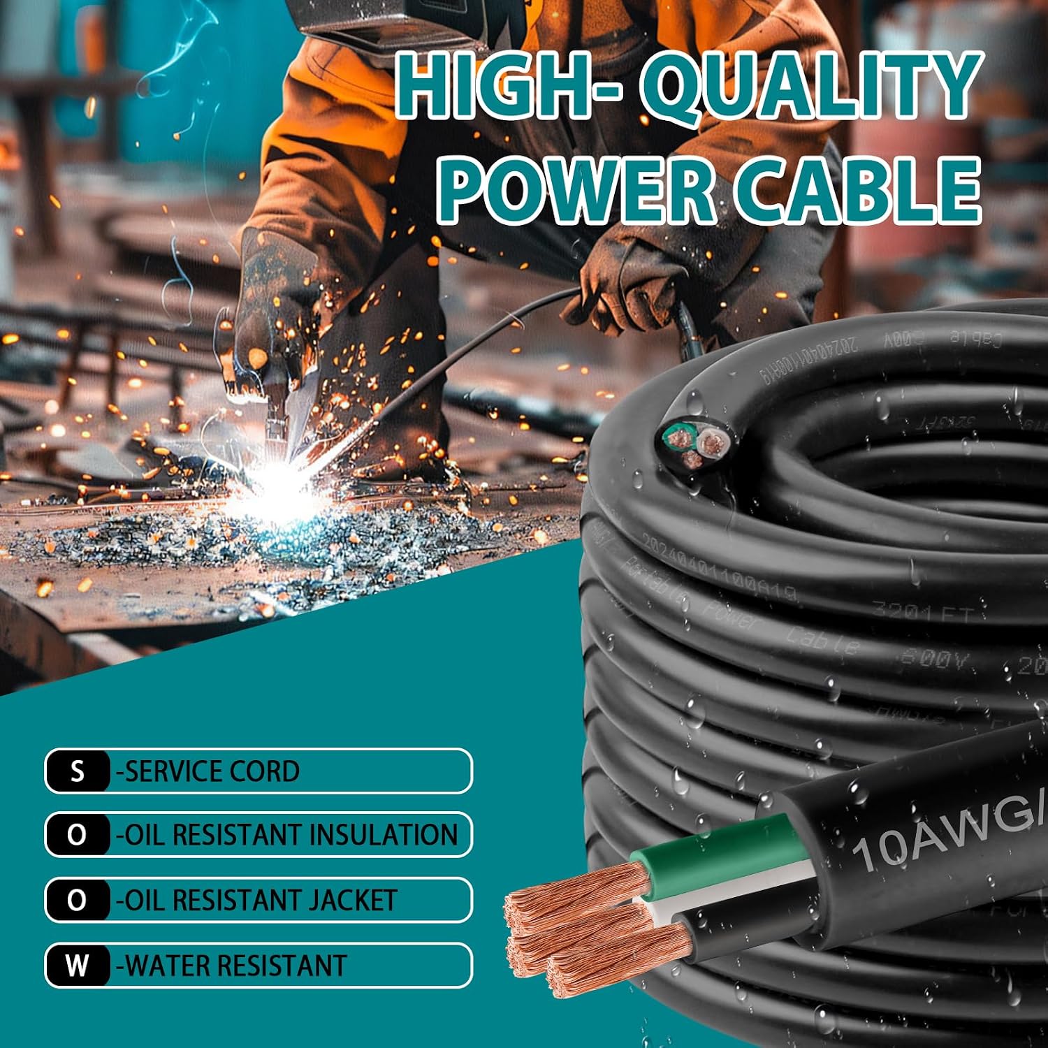 12/3 SOOW Wire 250FT, 12 AWG 600V SOOW Bulk Cable, 12 Gauge 3 Conductor Portable Power Cable, Extension Cord for Welder,Generator,Portable Light,Circuits,EV Car Charger,Motor Lead