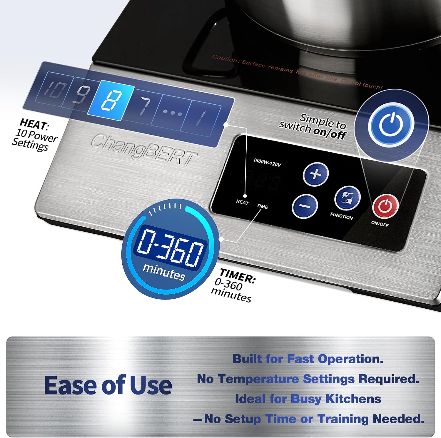 ChangBERT 1800W Commercial Grade Induction Cooktop, NSF Certified Portable Large 8' Heating Coil, 12' Heat Resistant Cooking Surface Premium Stainless Steel Pro Chef Professional Burner Hot Plate