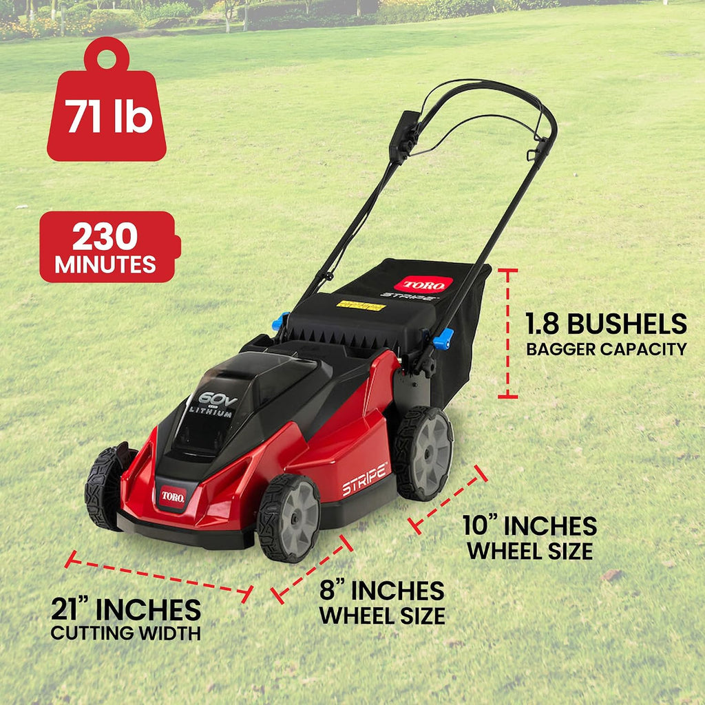 Toro Lightweight Foldable 60-Volt 21-Inch Deck Stripe Cordless Electric Battery Self Propelled Walk Behind Lawn Mower w/Adjustable Speed & Cut Height