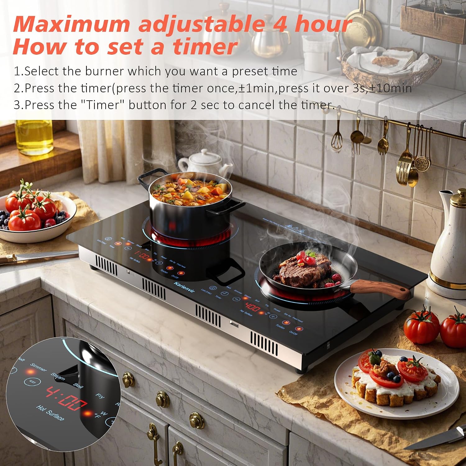 2 Burner Electric Cooktop 110v, 24 Inch Electric Stove Countertop & Built-in, Plug-in Electrics Cooktop, 8 Power Levels & 8 Functions, Touch Control, Safety Lock, Timer, 2000W, Blue