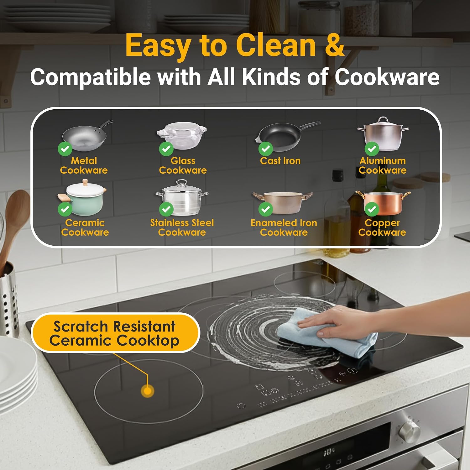 K&H 5 Burner Electric Cooktop - 30 Inch Built-In Radiant Ceramic Stove Top - 9 Power Levels & Touch Control, Compatible with All Cookware, 240V, 9000W High-Power Built-in Electric Stove, CE30-8808NF