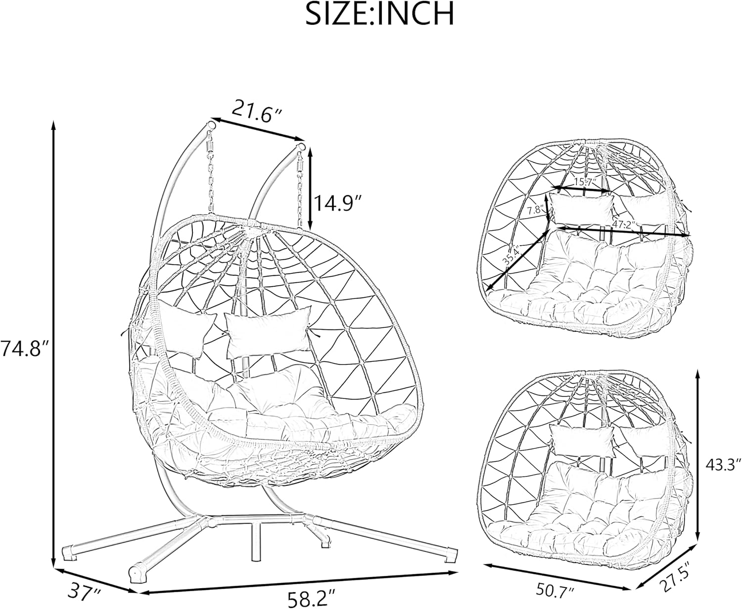 2 - Person Hanging Egg Chair with Stand, Steel Frame, for Outdoor & Indoor Use Double Wicker Egg Chair for Patio, Garden, or Balcony Light Gray