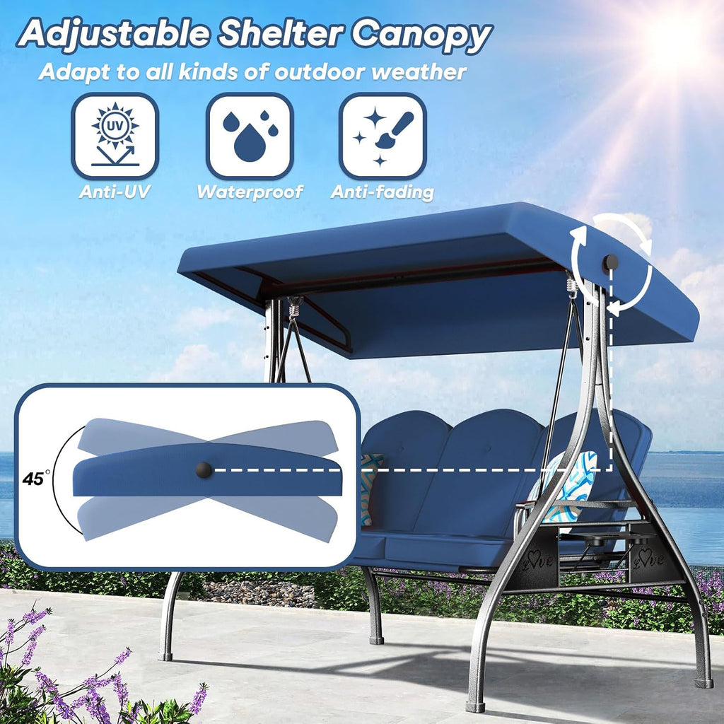 ZZW 3 Seat Outdoor Porch Patio Swing with Stand 800lbs 2-in-1 Convertible Swing Bed with Adjustable Canopy & Removable Cushion for Yard Garden Deck (Blue, Square Tube)