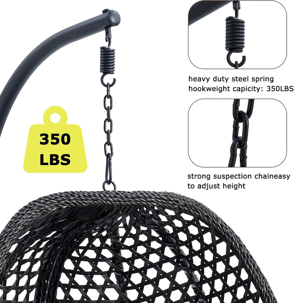Hanging Egg Chair with Stand & Cushions, Outdoor and Indoor Hammock Rattan Swing Chair 350 lbs Capacity with Aluminum Steel Frame for Patio, Balcony, Backyard and Living Spaces (Black)